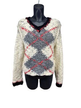 ROBERTO CAVALLI Class Wool Blend Argyle Knit Sweater Beige Red Black Size US L